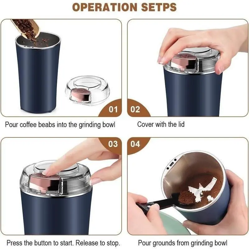 Coffee Grinder Electric, Spice Grinder, Coffee Bean Herb Grinder with Integrated Brush Spoon, One-touch Push-Button Stainless Steel Grinding for Herb Peanut Grains Beans(Blue)