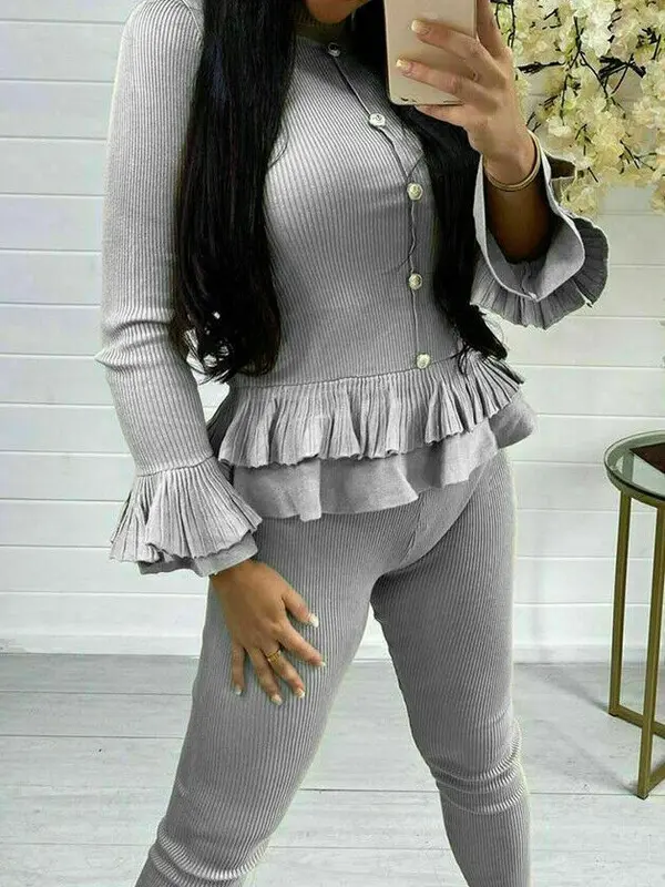 Ladies Fine Ribbed Frill Peplum Gold Button Loungewear Suit Women Tracksuit Set Fashion Womenswear Polyester Top Bottom Fabric High Waist 5