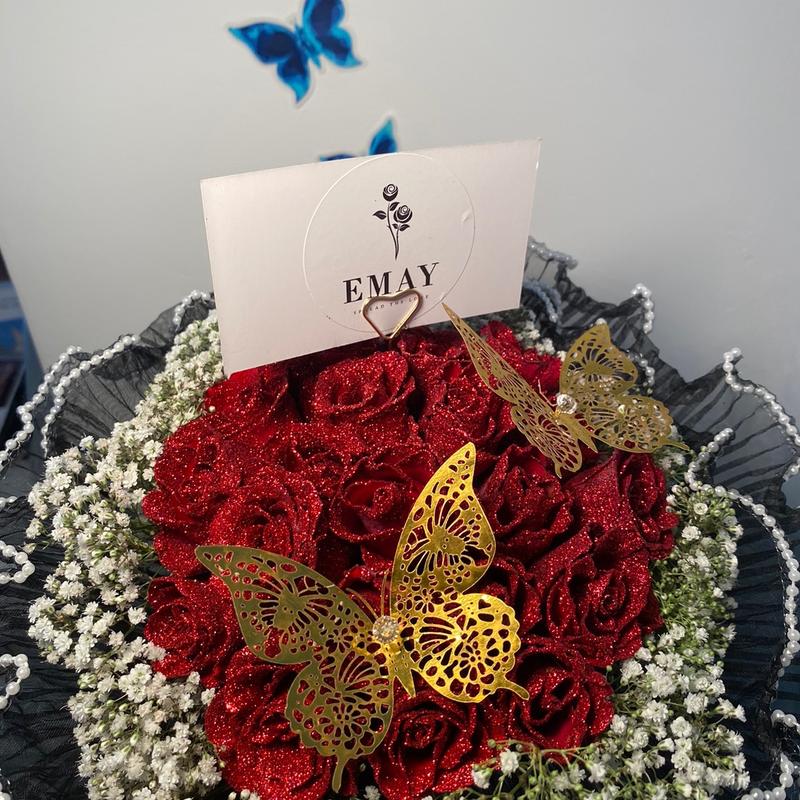 Small bouquet- red glitter roses with 2 gold butterflies gift flower 0