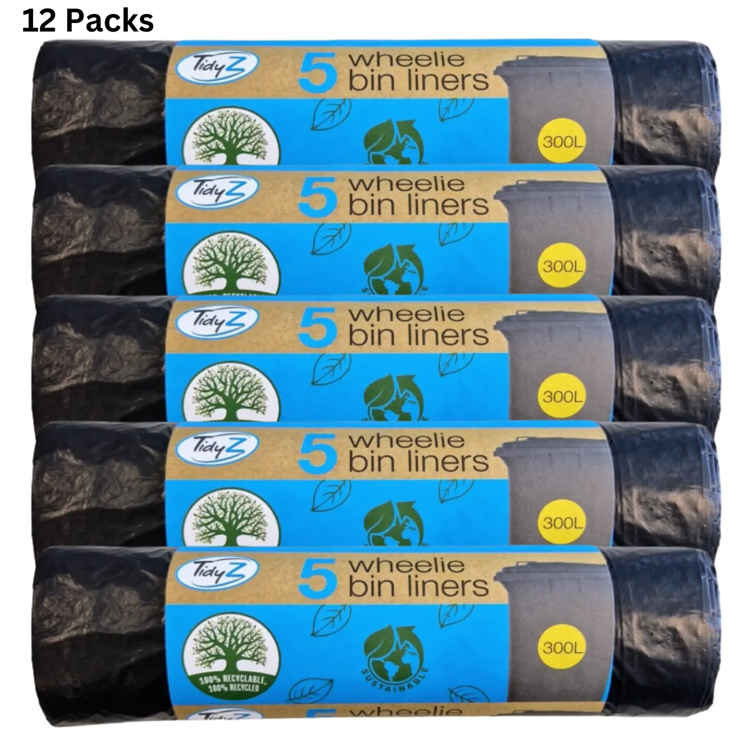 Tidyz Wheely Bin Liners Bags Heavy Duty Tear Resistant Premium Design Leak Proof Recycling Bags For Garden Kitchen House Office Caterers Capacity Of 300L 5 Bags