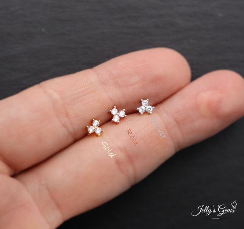 Three Zircons 18k Gold, Silver or Rose Plated Cartilage Helix Lobe Tragus Conch Earring | Screw Ball, Labret Back or Push Back | Hypoallergenic Surgical Steel Bar | Dainty & Stylish Piercing Jewelry for Women | Perfect for Everyday Wear Special Occasion 5