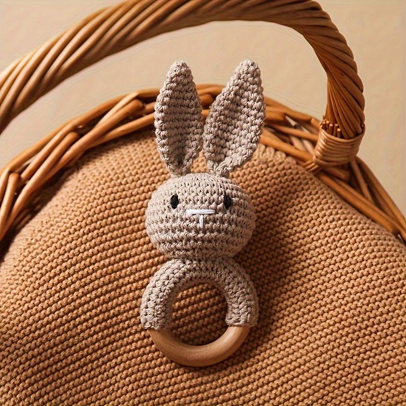 Crochet Rabbit Baby Rattle, Cute Rabbit Grasping Toys, Baby Gnawable Wooden Hand Rattle, Hand Rattle Toy Gift Box, White Pink Blue Brown, with Christmas & Easter Gift 6