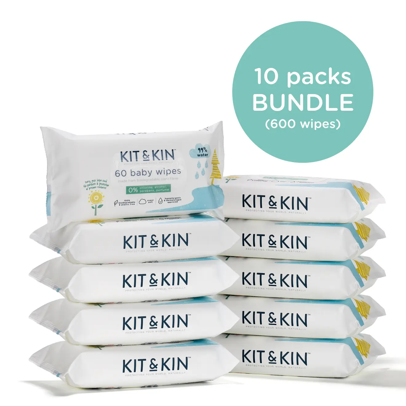 Kit & Kin biodegradable hypoallergenic baby wipes bundles - 10 packs of 99% water eco wipes