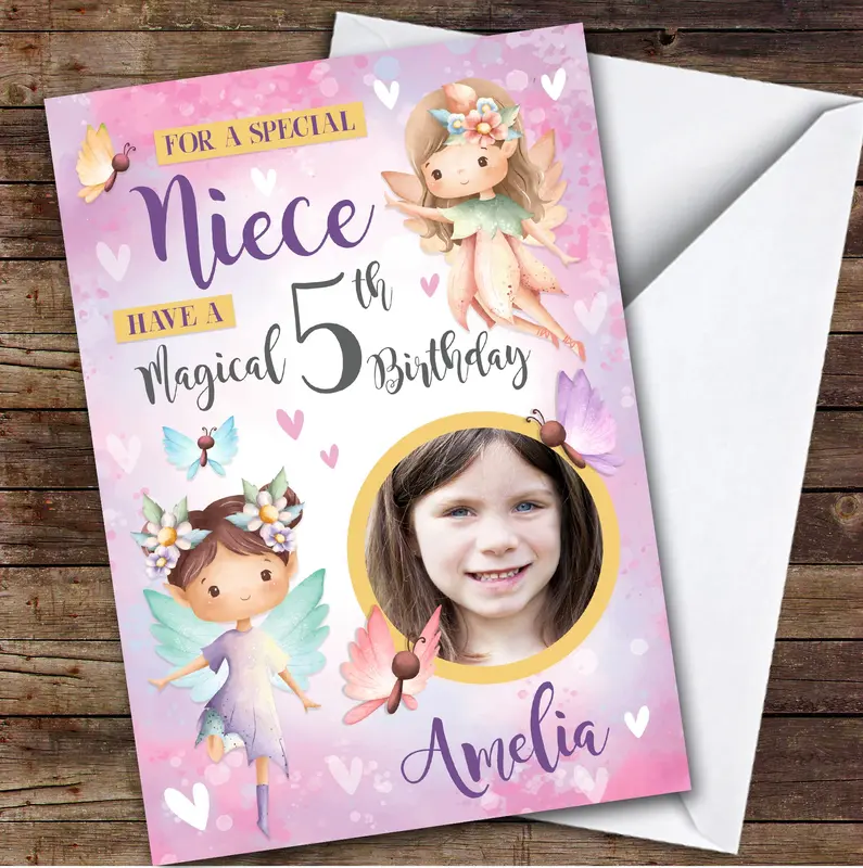 Fairy Girls Pink Purple Photo Niece 5th Custom Personalised Birthday Card - Personalised Birthday Greeting Card For Kids, Custom Birthday Card 0