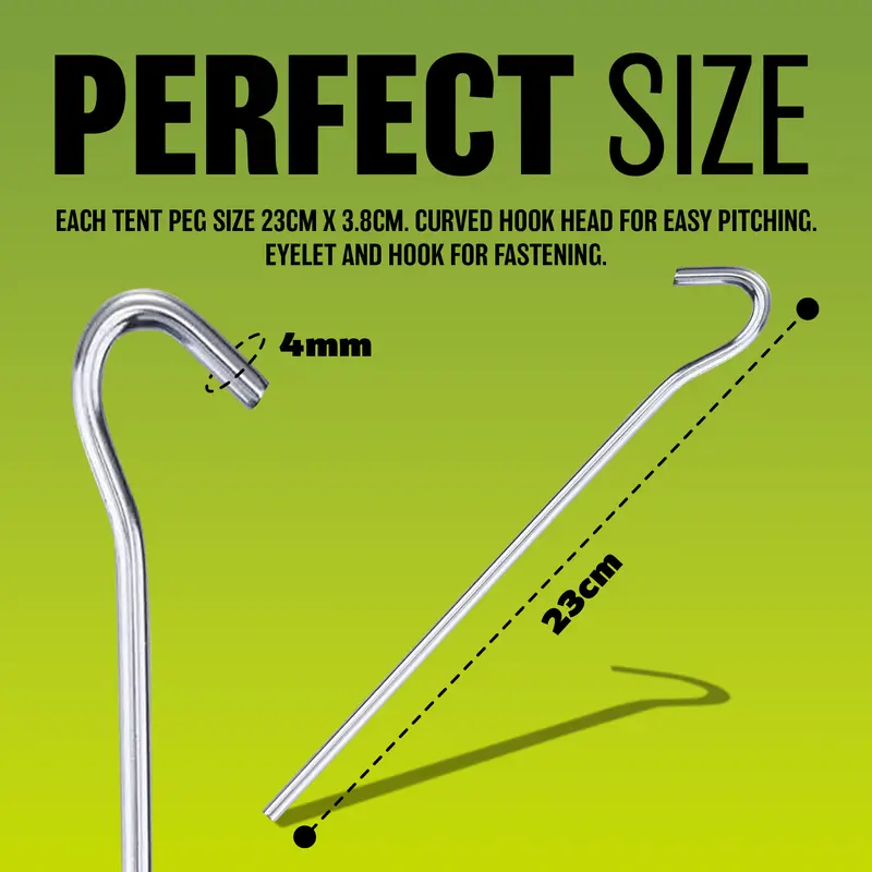 Pack of 50 Alloy Steel Long Tent Pegs - 9" (23cm) for Camping, Gazebos, Tarps, Netting, Football Goals | Durable Hooks Ground Garden Metal Peg | Rust Free, Heavy Duty, Strong Steel - Galvanised Silver 4