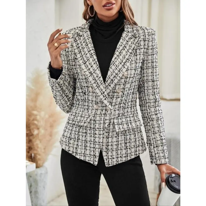 Women's Plaid Print Double Button Lapel Blazer, Casual Long Sleeve Outerwear for Fall & Winter, Ladies Clothes for Work Office Business 4