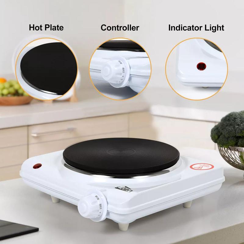 Stainless Steel Single Hotplate, Home Kitchen Electric Hotplate, 1250-1500W , 5 Power Levels Mobile Hotplate for Travel and Camping, Continuously Adjustable Thermostats, Overheating Protection, Cast Iron 5