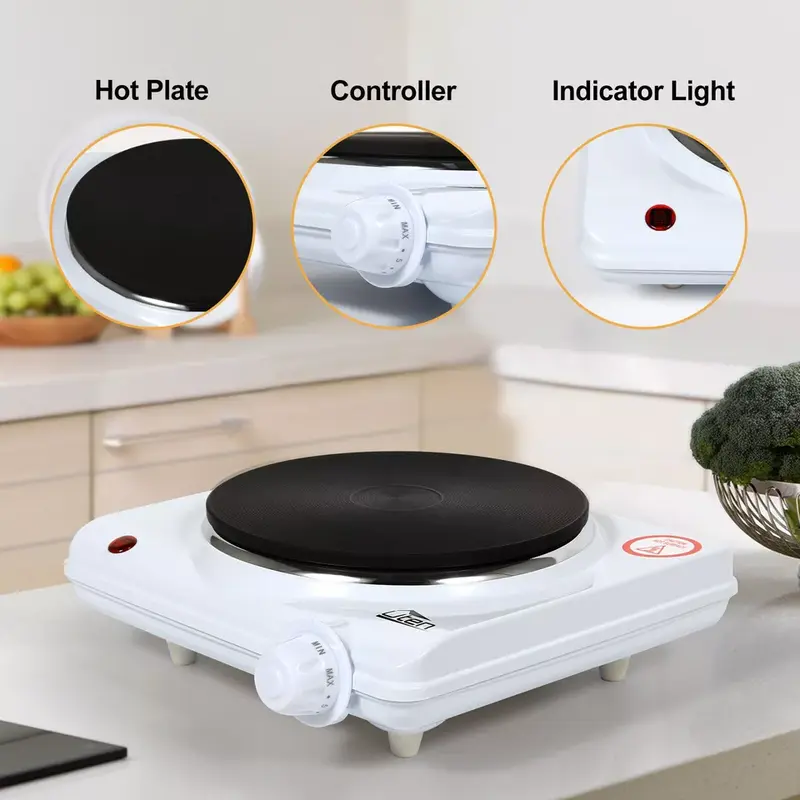 Stainless Steel Single Hotplate, Home Kitchen Electric Hotplate, 1250-1500W , 5 Power Levels Mobile Hotplate for Travel and Camping, Continuously Adjustable Thermostats, Overheating Protection, Cast Iron 5