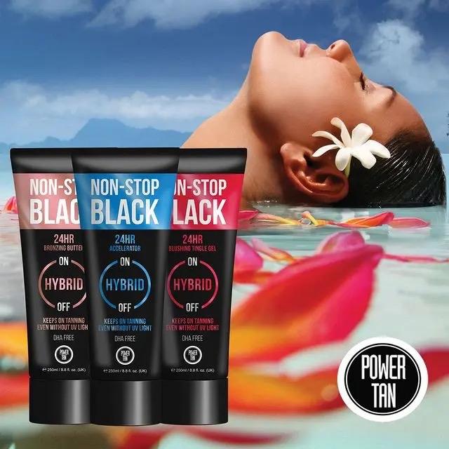 All 3 of the NON-STOP BLACK collection - 24HR BLUSHING TINGLE GEL ON HYBRID • KEEPS ON TANNING EVEN WITHOUT UV LIGHT  NON-STOP BLACK 24HR BRONZING BUTTER ON HYBRID OFF KEEPS ON TANNING EVEN WITHOUT UV LOH DHA FREE POWER 1HN 250ml/ Bronzer 1