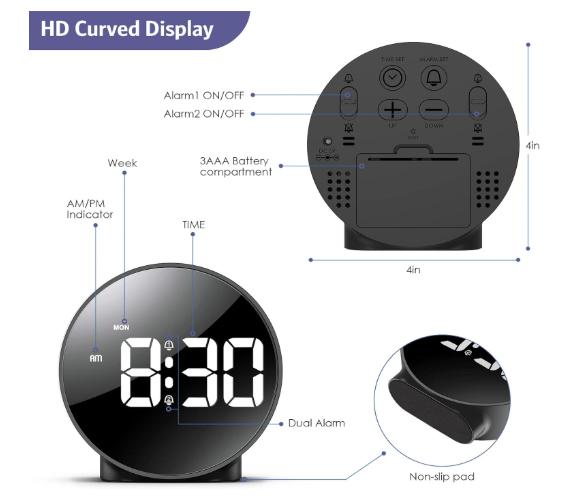 Newest Digital Alarm Clock for Teens, Alarm Clocks Bedside with Large Curved LED Display, Battery/USB Powered LED Clock with Snooze 4-Level Brightness 2 Alarms 12/24Hr for Heavy Sleepers Kids 1