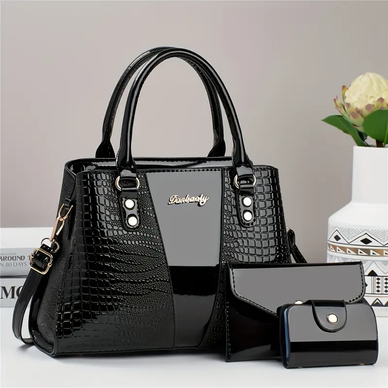 3pcs PU handbag, elegant and fashionable handbag with coin purse and card holder, multi-functional and large-capacity messenger bag, fashion design, new crocodile pattern bag, ladies' one-shoulder diagonal handbag. 3