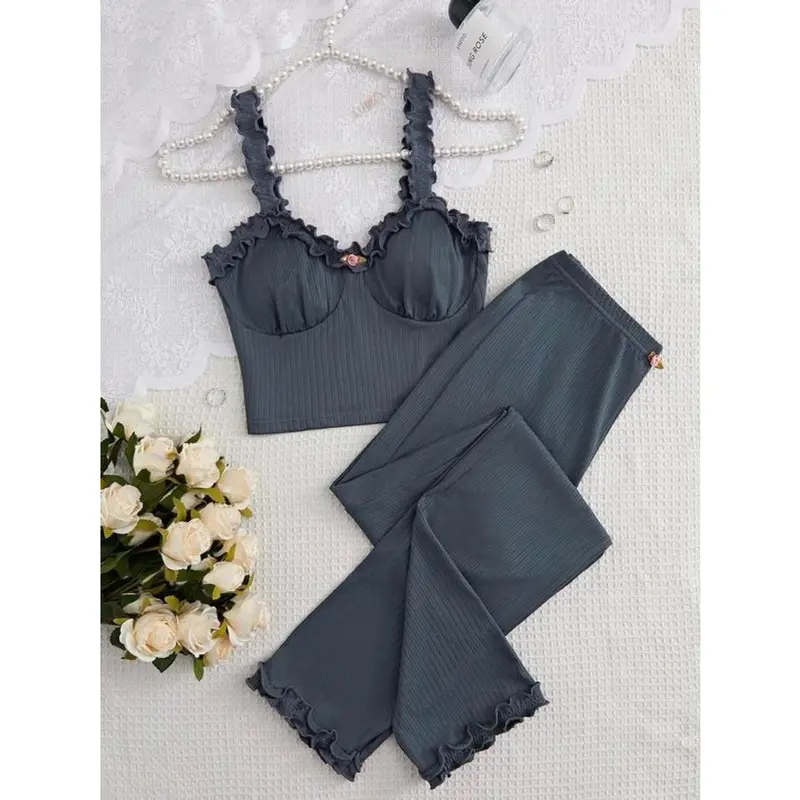 Frill Trim Backless Crop Cami Top & Elastic Waist Pants Pajama Set, Y2k Wear Streetwear Lady Comfort Sleeveless Top & Flower Decor Trousers Pj Set, Summer Wear 2024, Ladies Sleepwear Homewear, Lounge Sets, Pajama Sets 2 Piece Set for Girls, Grace Pyjamas 2