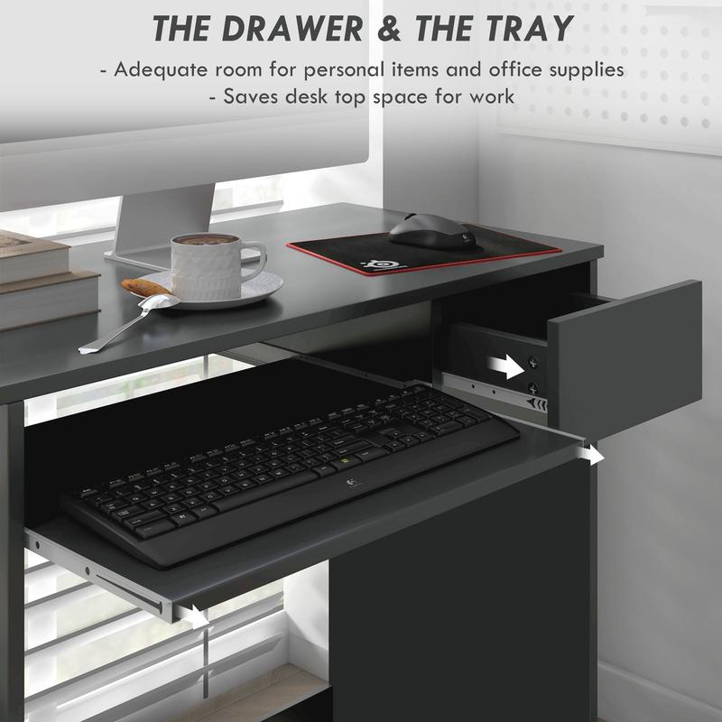HOMCOM Computer Table with Keyboard Tray and Drawer, Compact Computer Desk, Study Desk, Writing Desk for Home Office, Grey | Aosom UK 3