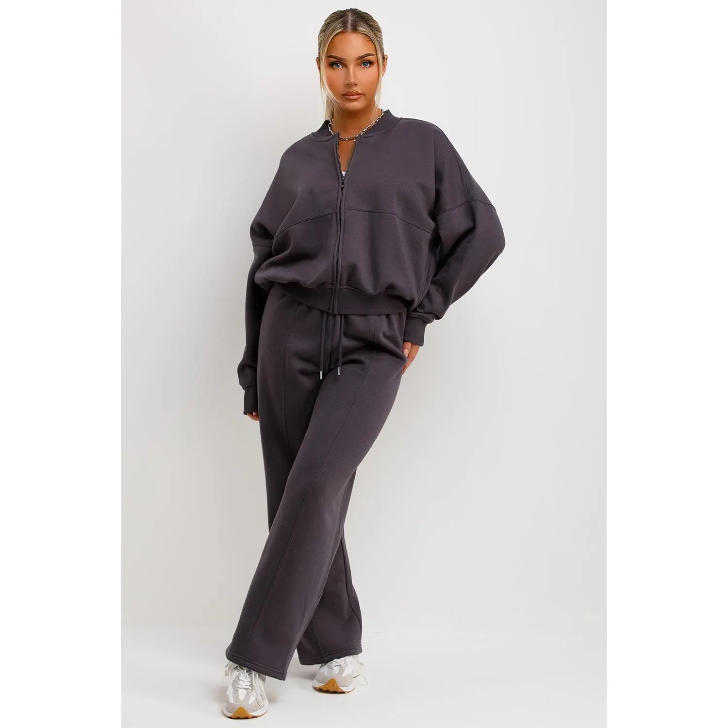 Bomber Sweatshirt With Zip And Joggers Loungewear Set Charcoal