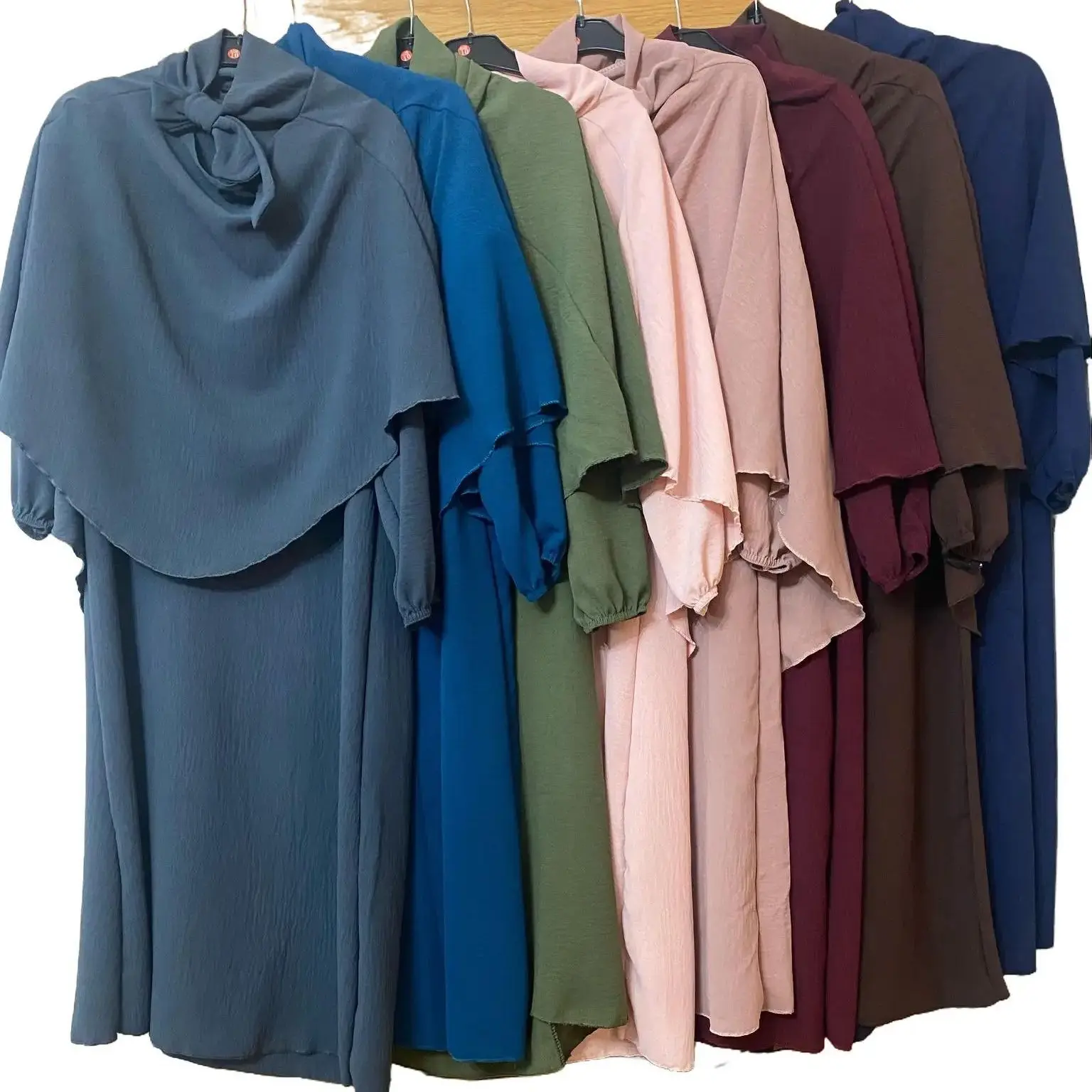 Girls Two Piece Abaya Khimar Set Crepe Umrah Elastic Cuff Long Sleeve Maxi Hijab age 10-16 years