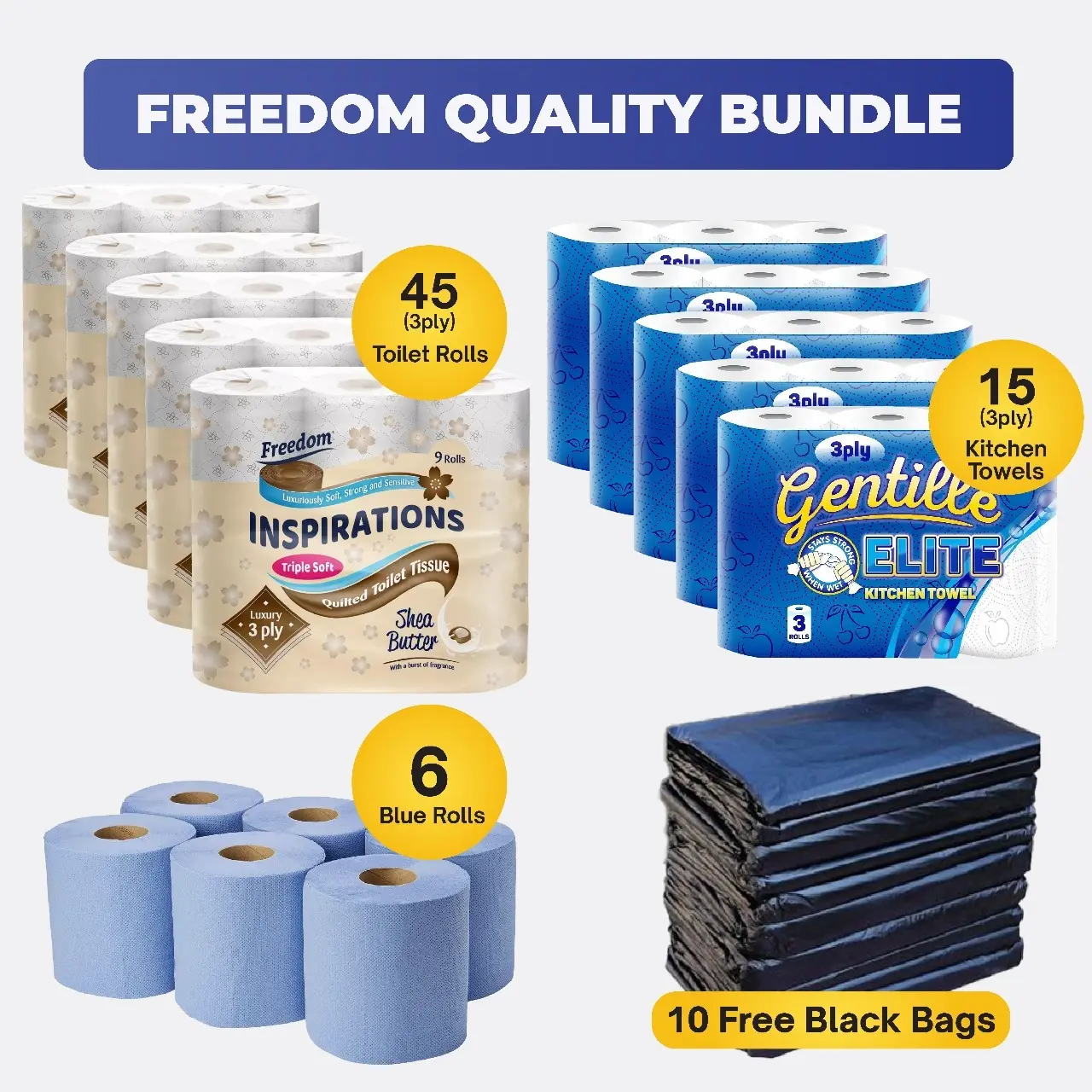 45x Toilet Rolls (3Ply), 15x Kitchen Towel (3Ply) , 6 x Blue Rolls + 10 Free XL Compactor Sacks Heavy Duty Freedom Quality Bundle .