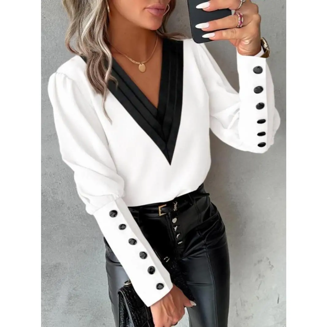Women's Patchwork Print Button Leg-of-mutton Sleeve Blouse, Elegant V Neck Long Sleeve Top for Work Office Business, Ladies Clothes for All Seasons