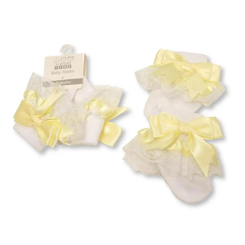 Baby Socks With Lace and Bow - Lemon
