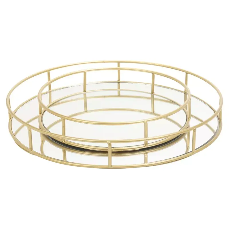Set of 2 Metal Gold Decorative Mirror Trays Vanity Perfume Decor Candle Holders Freshener 3