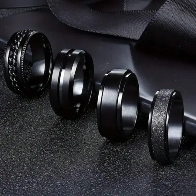 Set of 4 black embossed design rings, men's jewelry