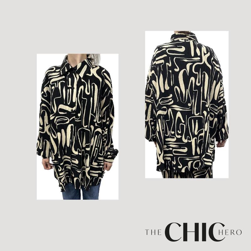 ChicHero Crinkle Abstract Print Dropped Shoulder Oversized Comfort Co-ord Shirt & Trousers 4