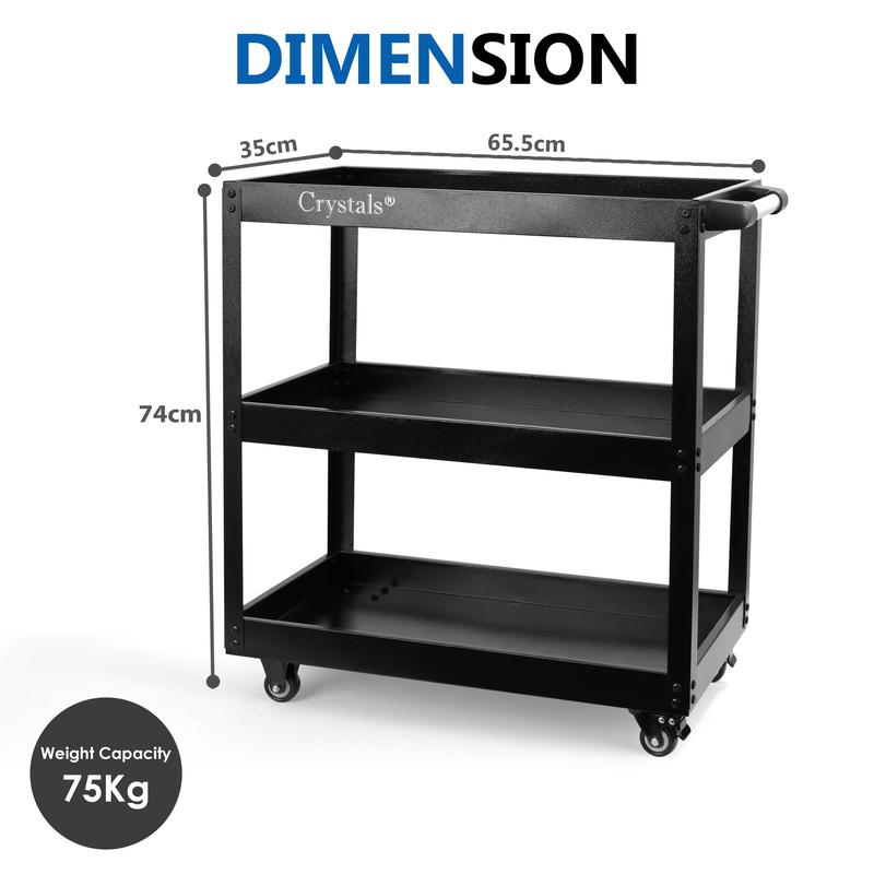 Crystals Heavy Duty Tool Trolley with 3-Tier Wheel Cart for Garage and Workshop Storage, DIY Red/Black 2