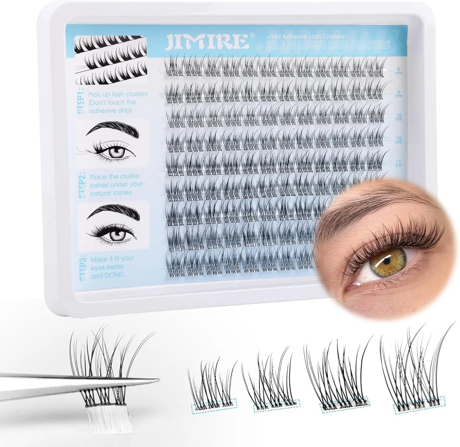JIMIRE Self Adhesive Eyelashes - Natural Pre Glued Lash Clusters - No Glue Needed - Reusable - Easy to Apply - 9-12MM - Makeup, Cosmetic