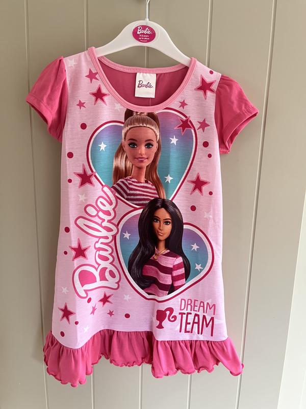 Barbie Doll Nightdress Nighty Girls Nightie Nightwear Pyjamas Pjs Nightwear Sleepwear Kids Toddler Childrens Character Pink Short Sleeve Night Dress Hearts Frill 6