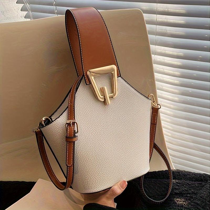 Elegant Beige & White Bucket Bag with Adjustable Strap, Golden-Toned Lock Closure, Large Capacity for Women – Stylish Commuter Bag for Everyday Use, Crossbody Bag 1