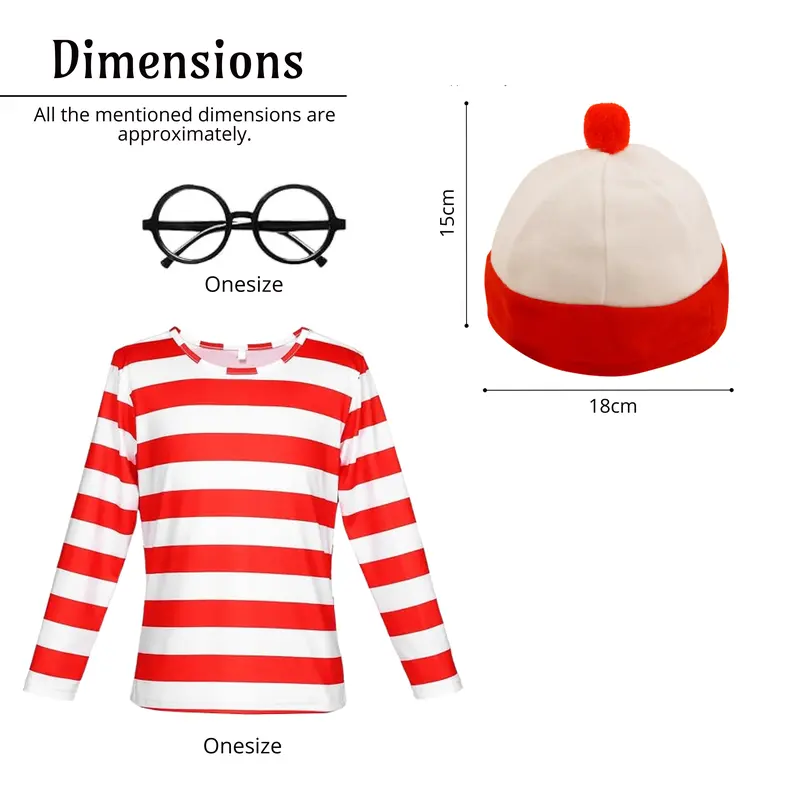 Wally Boys & Girls Unisex Red & White Striped T-Shirt, Hat & Glasses | Kids Children's Fancy Dress Costume For Book Week Day, School Cosplay Party 1