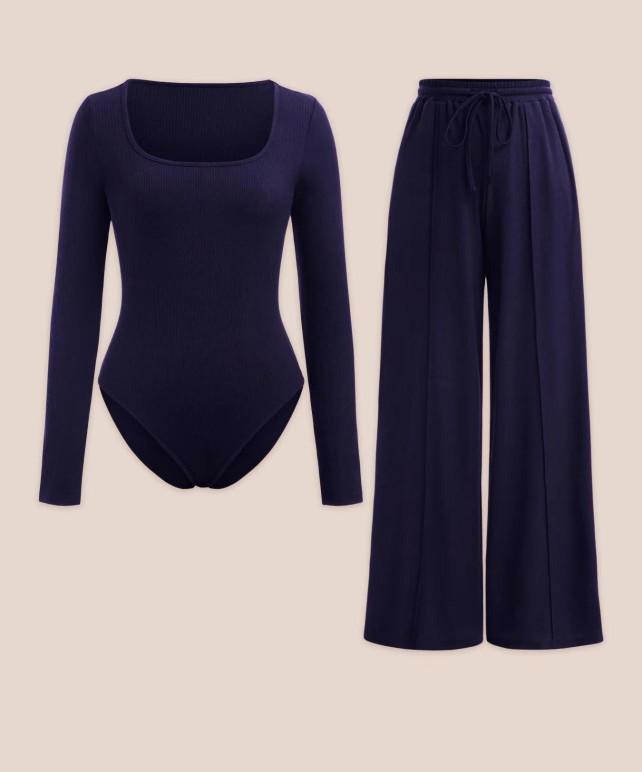 Product Introduction of WOMENS LADIES 2 PIECE MATCHING SET CREW NECK BODYSUITS WIDE LEG TROUSERS PANTS PALAZZO SET LOUNGEWEAR LONGSLEEVES STRETCHY SOFT COMFY LADY ELASTICATED WAIST DRAWSTRING HIGH QUALITY COORD LOUNGESET COMFORT WOMENSWEAR OVERALL Basic Adjustable Comfortable 6