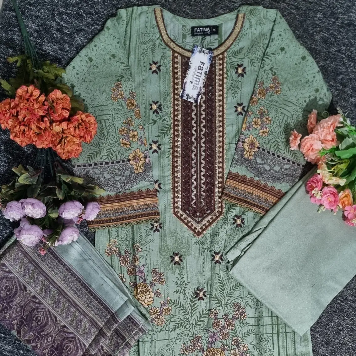 3 Piece Sea Green Color Readymade Fatima Designer Classic Dhanak Sequence EMB With Wool Shawl 3pc Fancy Dhank Shirt With Wool Shawl 3 Pc Suit Embroidery Daman Bazo lace Border Matching Trouser Embroidered Long Sleeve Ethnic Shirt Matching wool Shawl