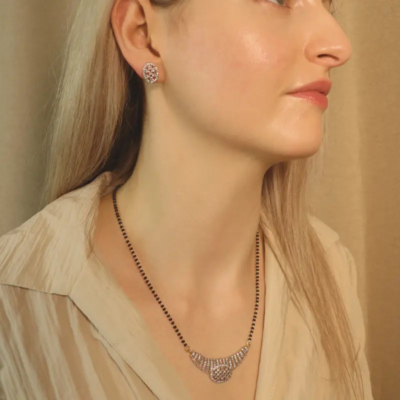 Indian Nazaria Silver Zircon Dangle Mangalsutra Black Beads Earring and Pendant Necklace 1