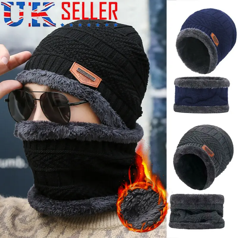 Men Beanie Hat Scarf Set Neck Cover Winter Warm Fleece Knitted Thick Ski Cap UK