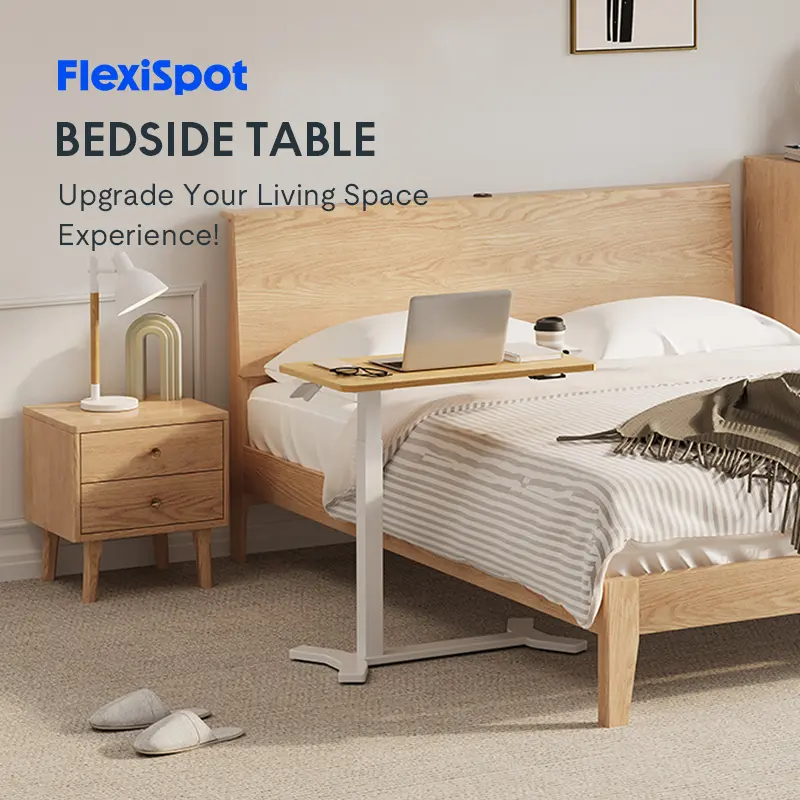 FLEXISPOT Standing Desk with Wheels, Laptop Table, Bedside Table, Cshaped Table with Cup Holder, Bedside Office, Height Adjustable Overbed Desk with Desktop Sit Stand Up Stable Steel (White Frame+Maple Top) c shaped sidetable