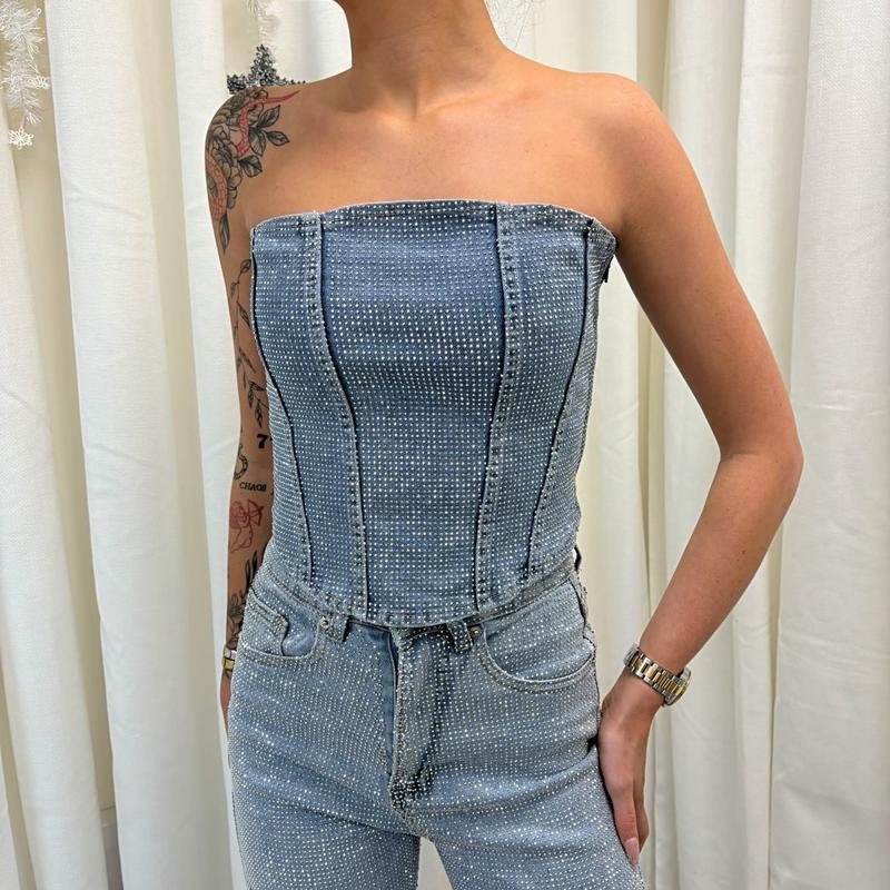 LUXE 1000+ Diamanté Rhinestone Sparkly Denim Corset Top Bralette 3