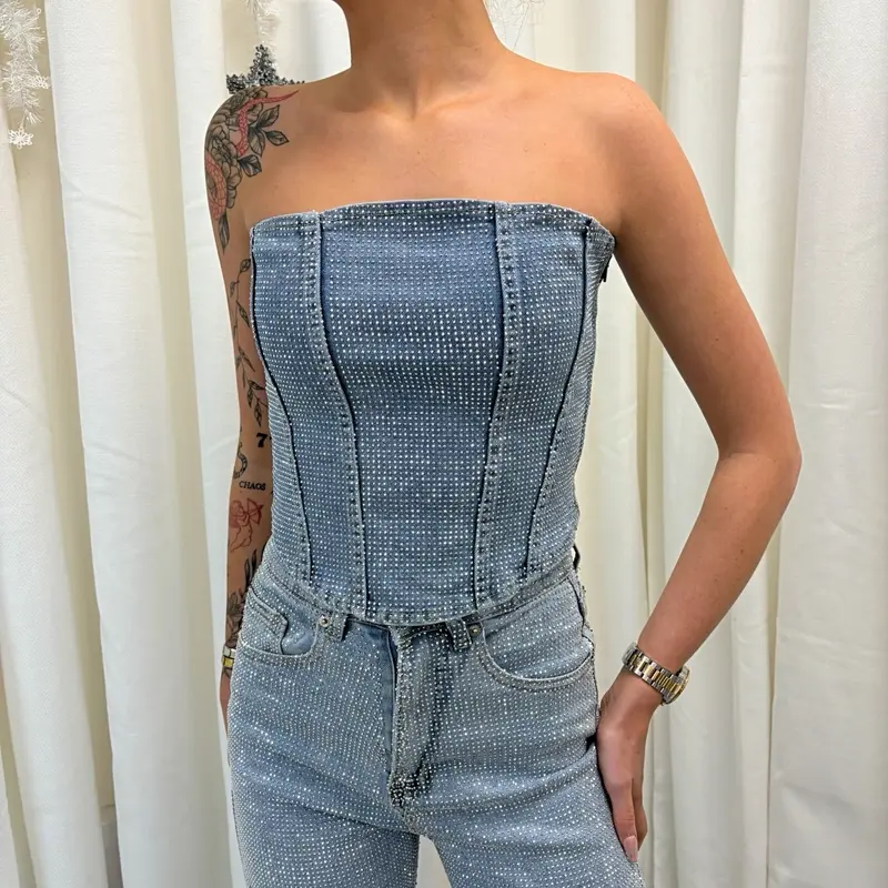 LUXE 1000+ Diamanté Rhinestone Sparkly Denim Corset Top Bralette 3