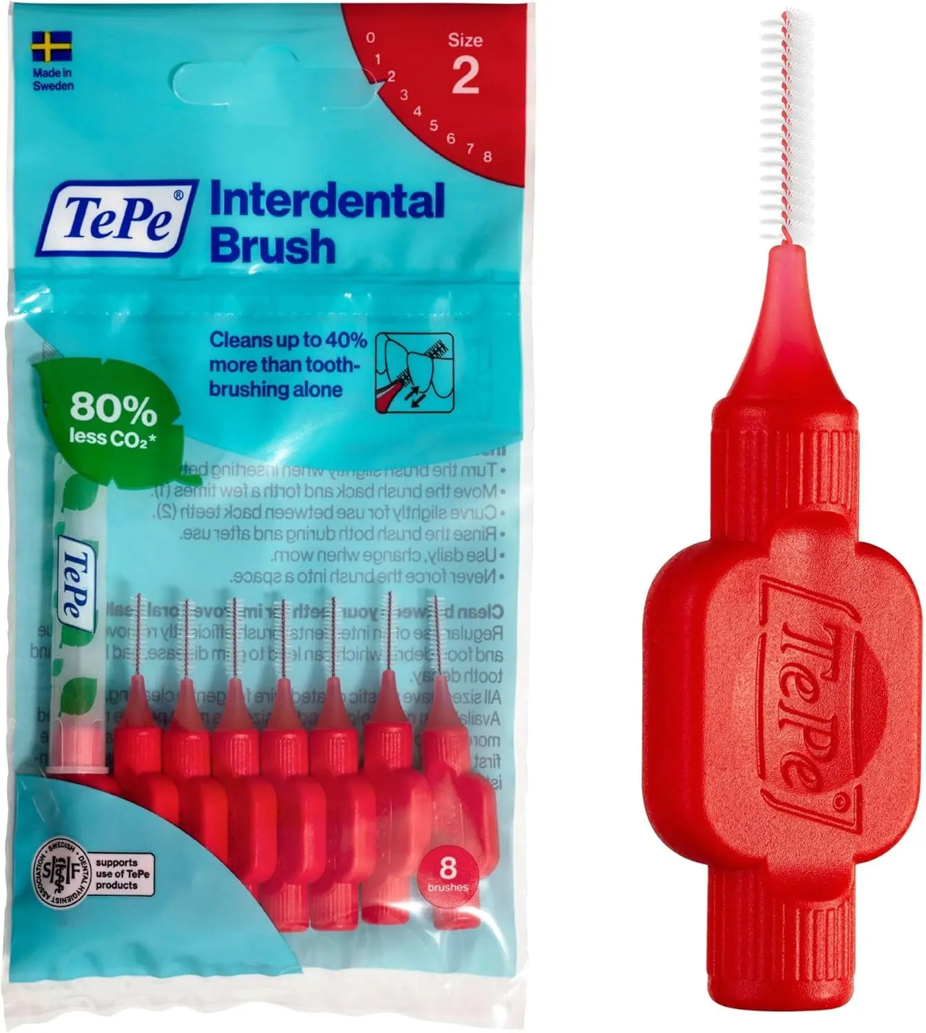 TePe Interdental Brush, Original, Red, 0.5mm/ISO 2, 8pcs, efficient Cleaning Between Teeth, Plaque Remover and Dental flosser for Narrow Gaps Oral Comfort Traditional Pack Cleanser
