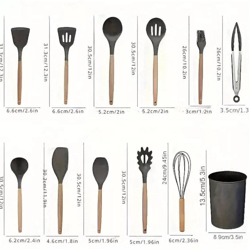 12 Pcs Non-Stick Silicone Cooking Utensils Spatula, Tong, Whisk Set  with Wooden Handle 6