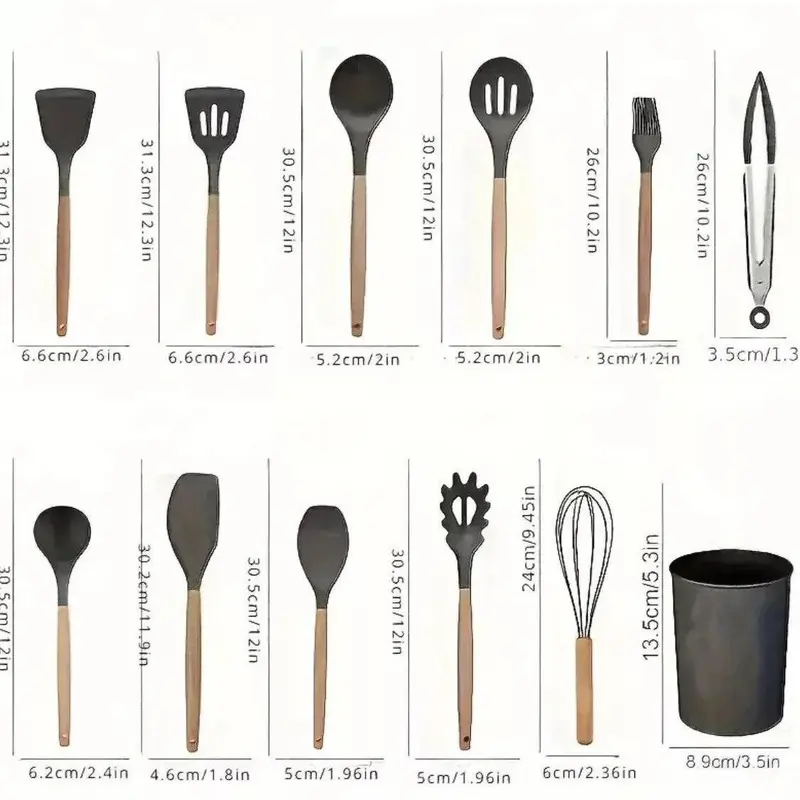 12 Pcs Non-Stick Silicone Cooking Utensils Spatula, Tong, Whisk Set  with Wooden Handle 6