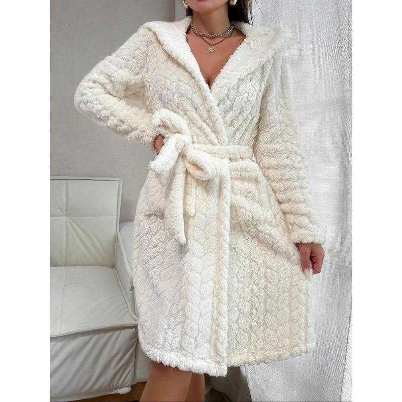 Women's Solid Color Pocket Belted Hooded Fuzzy Bathrobe, Casual Long Sleeve Warm Dressing Gown, Ladies Sleepwear for Fall & Winter 2