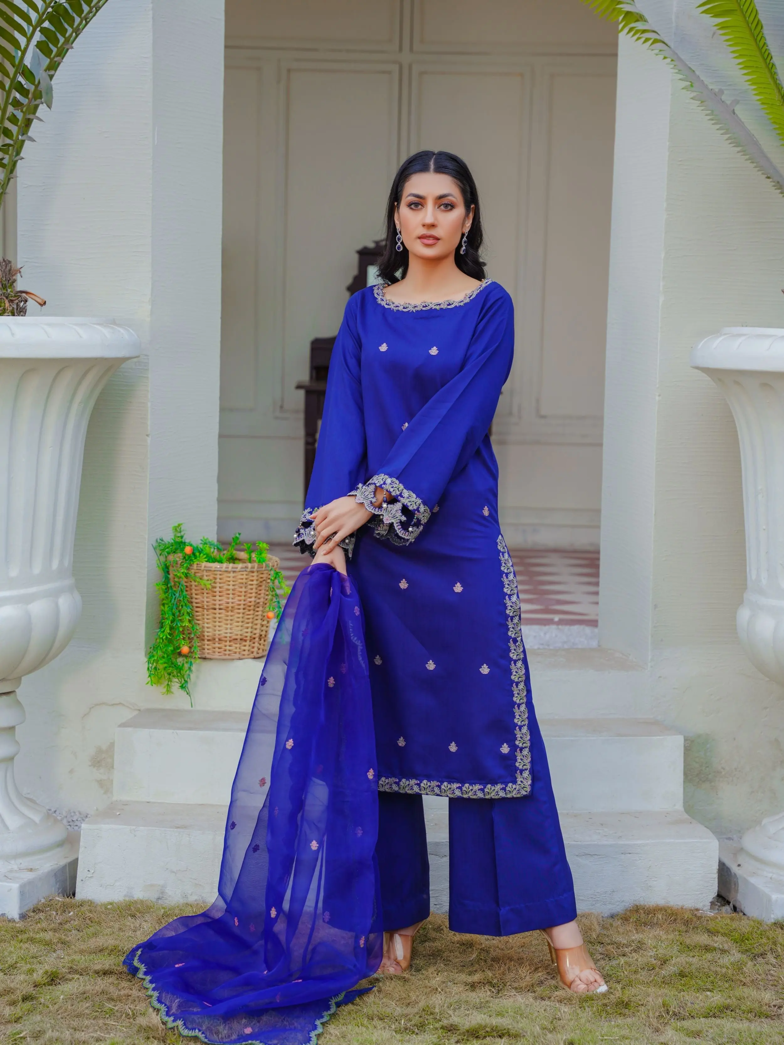 ELZA- EV02 Electric Blue EID PRET 3PC Embroidered Dress Viscose fabric