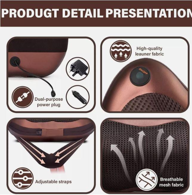 8 Kneading Electric Massagers Pillow Shiatsu Neck Back Lumbar Cushion Home Car Adjustable Handle Relaxing Comfort 2