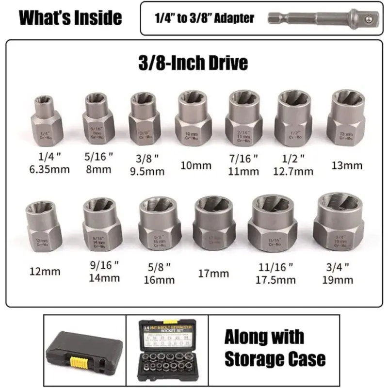 14Pcs Impact Bolt & Nut Remover Set 3/8" Locking Wheel Damaged Nuts Extractor UK 1