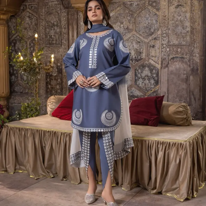 Greyish blue cambric cotton Pakistani Ladies Designer Formalwear Embroidered Stitched Shalwar Kameez Suit with Tulip Trousers | 001 Shirt