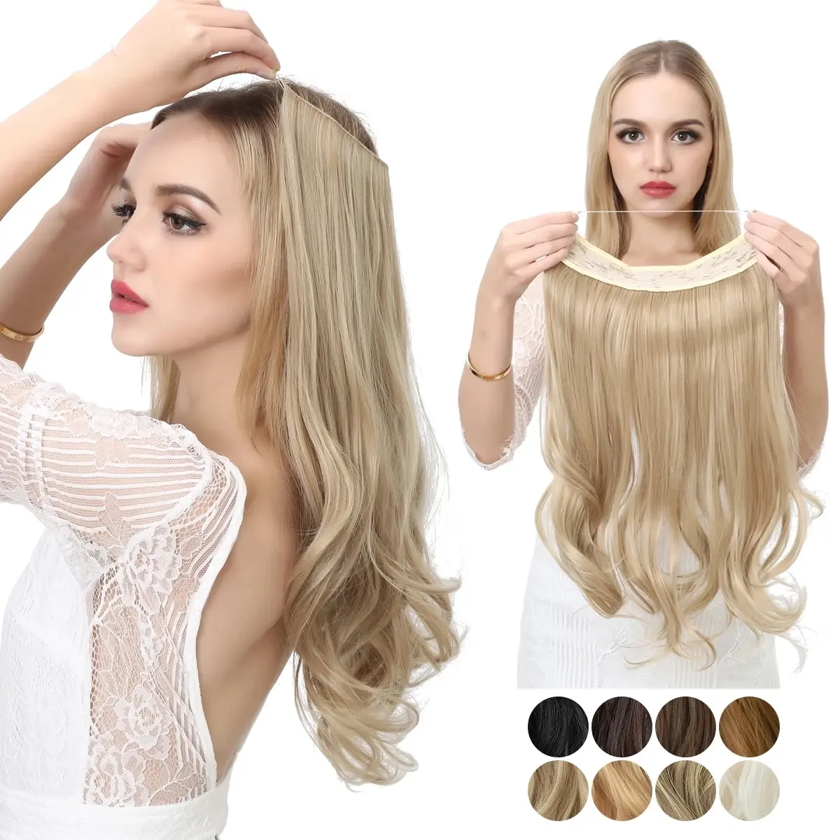 22" Synthetic No Clip Wave Hair Extensions Ombre Natural Black Blonde Pink - Glueless Clip-In Hairpiece