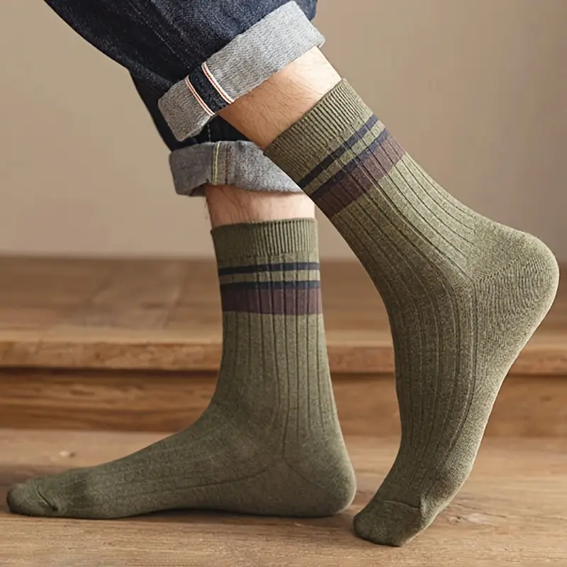 RISELDAJOR  5 Pairs of Men's Mid-Calf Socks with Striped Design, Solid Color, Ideal for Spring and Autumn, Also Great as Winter Long Socks, Odor-Resistant and Moisture-Wicking, Sweatproof 5