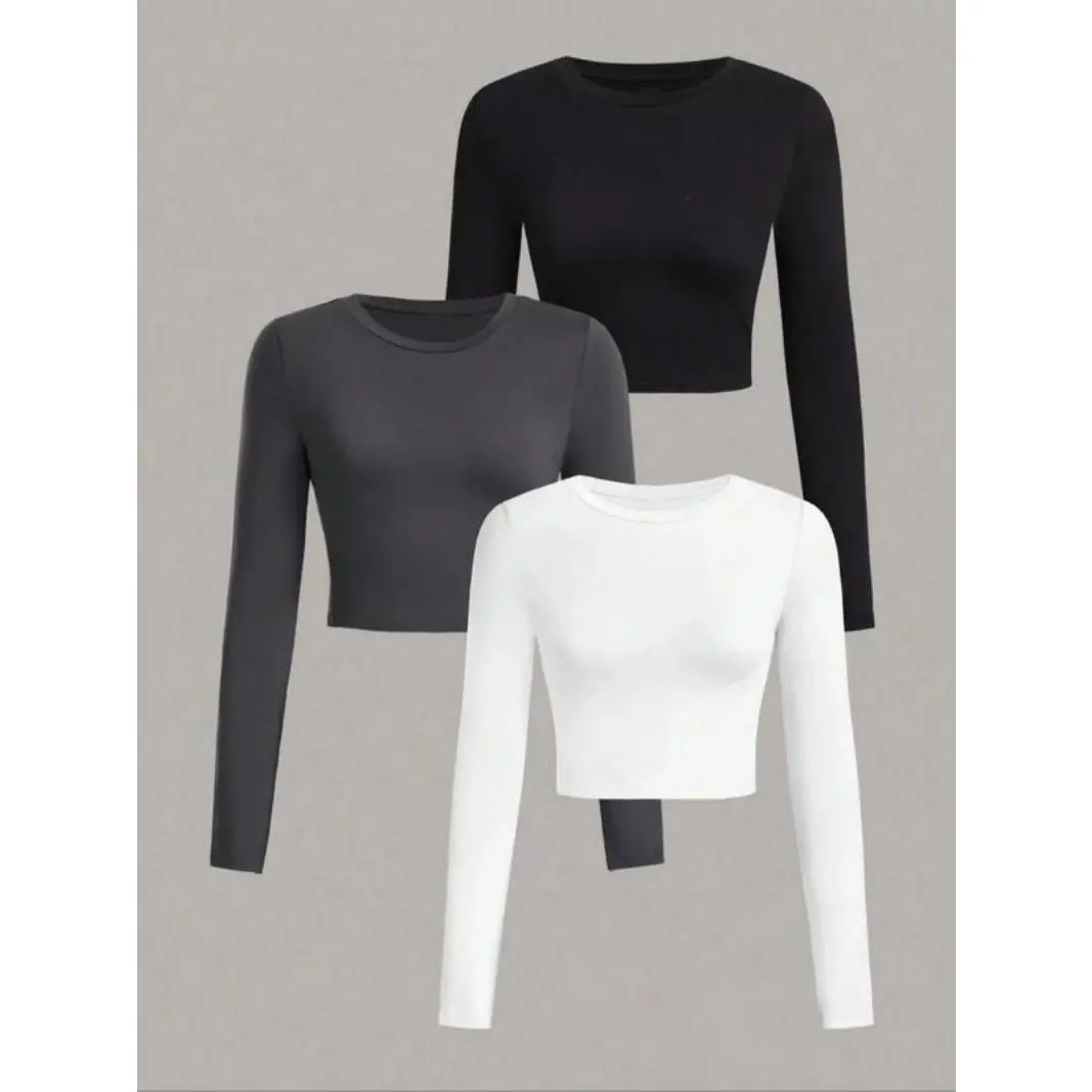 Women's 3 Counts Solid Round Neck Crop Tee, Casual Long Sleeve Crew Neck T-shirt for Spring & Fall, Fashion Women's Top for Daily Wear Womenswear Comfort