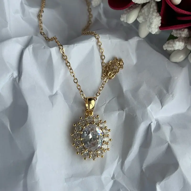 Gold-Plated Necklace with Purple Stone and White Stones - Floral Halo Design 1