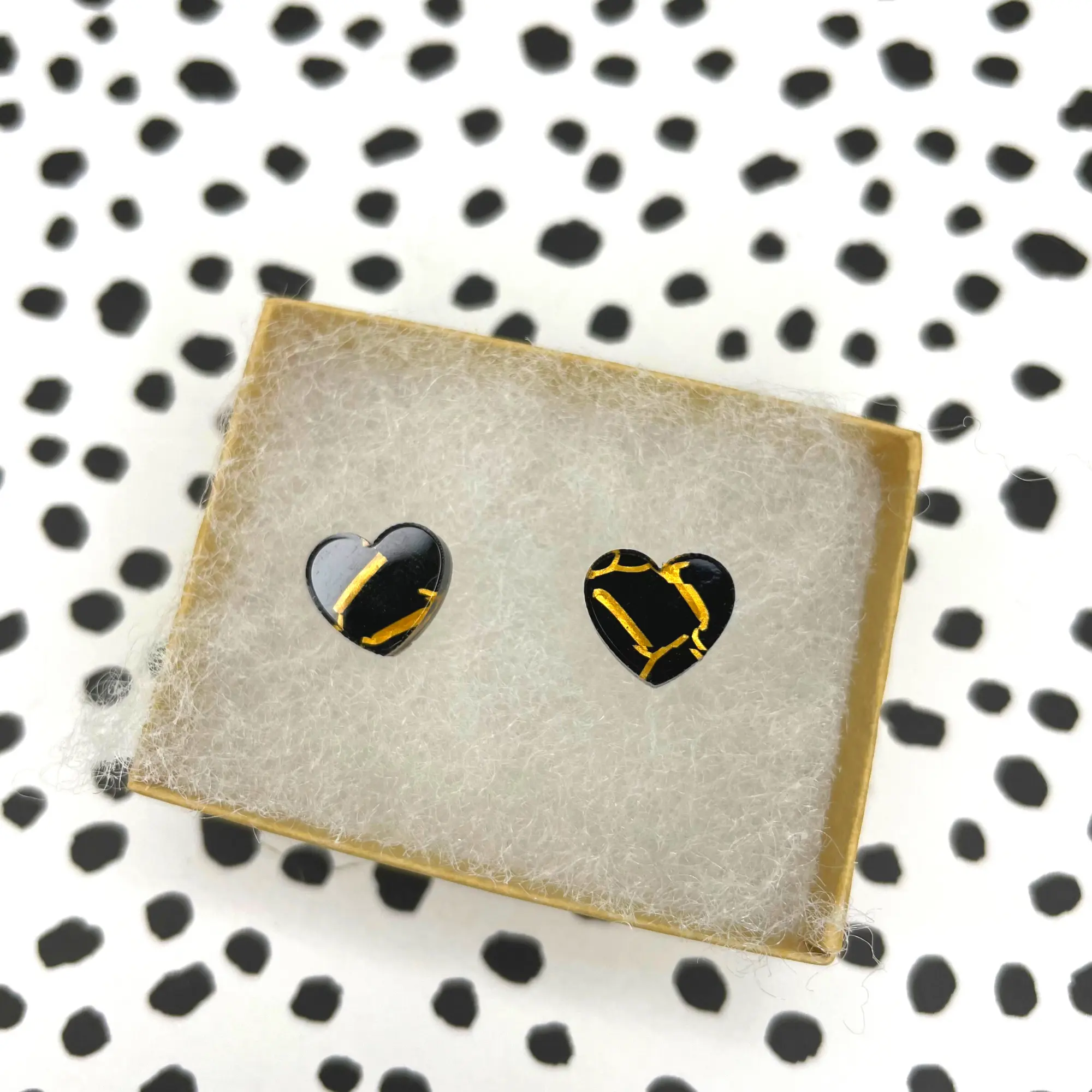 Black Crackle Heart   Handmade Stud Earrings